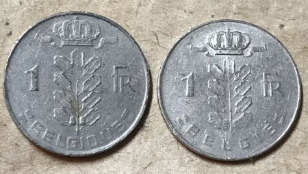 Бельгия 1950-1988 гг. • KM# 142.1 и 143.1 • 1 франк • 2 типа (тексты "Belgique" и "Belgie" • регулярный выпуск • +/- XF