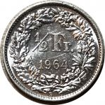 Швейцария 1964 г. B (Берн) • KM# 23 • ½ франка • серебро • регулярный выпуск • MS BU