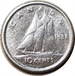 Канада 1956 г. • KM# 51 • 10 центов • Елизавета II • парусник • серебро • регулярный выпуск • XF+