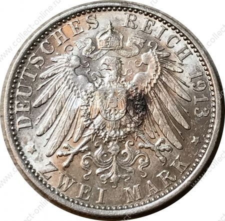 Германия Пруссия 1913 г. A • KM# 533 • 2 марки • (серебро) • кайзер Вильгельм II • регулярный выпуск • AU+