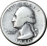 США 1940 г. D • KM# 164 • квотер (25 центов) • Джордж Вашингтон • серебро • регулярный выпуск • F-