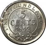Ньюфаундленд 1942 г. C • KM# 19 • 5 центов • Георг VI • серебро • регулярный выпуск • MS BU
