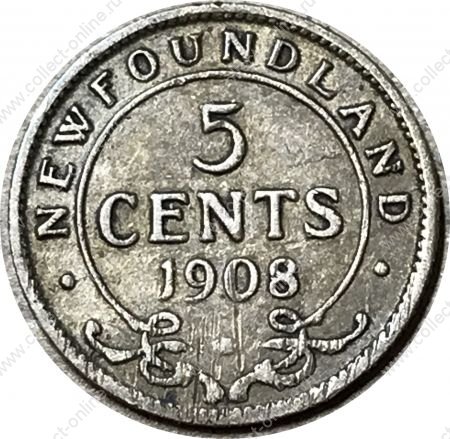 Ньюфаундленд 1908 г. • KM# 7 • 5 центов • Эдуард VII • серебро • регулярный выпуск • VF-