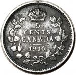 Канада 1916 г. • KM# 22 • 5 центов • Георг V • серебро • регулярный выпуск • VF+