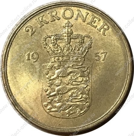 Дания 1957 г. • KM# 838.2 • 2 кроны • Фредерик IX • королевский герб • регулярный выпуск • MS BU