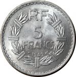 Франция 1949 г. B • KM# 888b.2 • 5 франков • Марианна • регулярный выпуск • MS BU