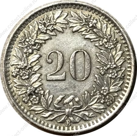 Швейцария 1939 г. B (Берн) • KM# 29a • 20 раппенов • регулярный выпуск • XF+ ( кат.- $20,00 ) 