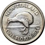 Новая Зеландия 1934 г. • KM# 4 • Флорин(2 шиллинга) • Георг V • птица киви • регулярный выпуск • XF