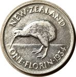 Новая Зеландия 1934 г. • KM# 4 • флорин • Георг V • птица киви • серебро • регулярный выпуск • XF+