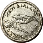 Новая Зеландия 1946 г. • KM# 8 • 6 пенсов • птица гуйя • серебро • регулярный выпуск • XF+