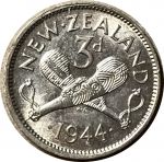 Новая Зеландия 1944 г. • KM# 7 • 3 пенса • серебро • регулярный выпуск • MS BU (кат - $15-35 )