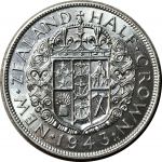 Новая Зеландия 1943 г. • KM# 11 • полкроны • Георг VI • герб доминиона • серебро • регулярный выпуск • MS BU ( кат. - $75-150 )