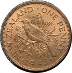 Новая Зеландия 1945 г. • KM# 13 • 1 пенни • Георг VI • птица туи • регулярный выпуск • BU красн.
