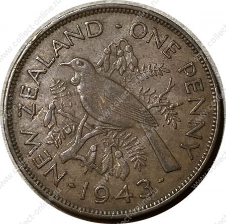 Новая Зеландия 1943 г. • KM# 21 • 1 пенни • Георг VI • птица туи • регулярный выпуск • AU-