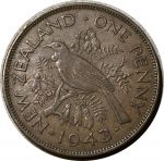 Новая Зеландия 1943 г. • KM# 21 • 1 пенни • Георг VI • птица туи • регулярный выпуск • AU-
