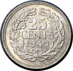 Нидерланды 1940 г. • KM# 164 • 25 центов • королева Вильгельмина I • серебро • регулярный выпуск • BU