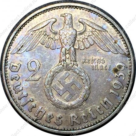 Германия • 3-й рейх 1939 г. J (Гамбург) • KM# 93 • 2 рейхсмарки • символ Рейха • Гинденбург • серебро • регулярный выпуск • BU-
