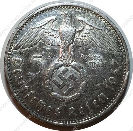 Германия • 3-й рейх 1937 г. A (Берлин) • KM# 94 • 5 рейхсмарок • (серебро) • символ Рейха • Гинденбург • регулярный выпуск • AU+