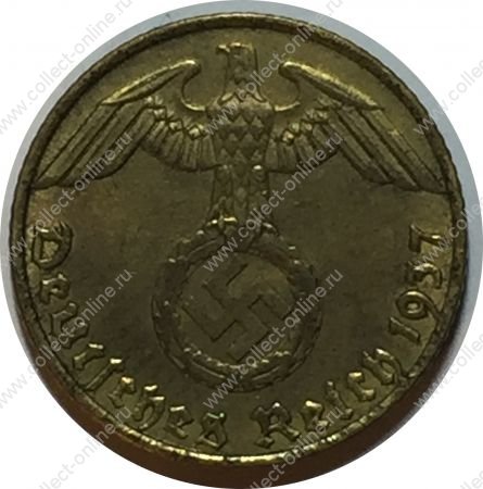 Германия • 3-й рейх 1937 г. E (Мюльденхуттен) • KM# 91 • 5 рейхспфеннигов • орел на венке • регулярный выпуск • AU+ ( кат. - $25 )