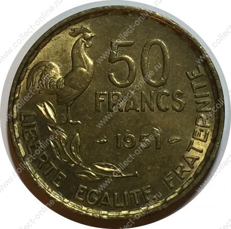 Франция 1951 г. • KM# 918.1 • 50 франков • петух • регулярный выпуск • MS BU 