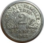 Франция 1943 г. • KM# 904.1 • 2 франка • правительство Виши • лабрис(двусторонний топор) • регулярный выпуск • AU