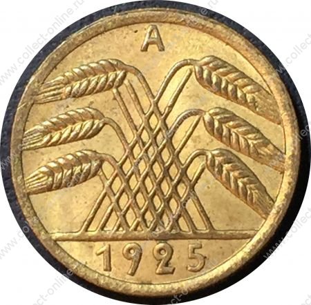 Германия 1925 г. A (Берлин) • KM# 39 • 5 рейхспфеннигов • колосья пшеницы • регулярный выпуск • BU ( кат. - $15 )
