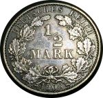 Германия 1908 г. D(Мюнхен) • KM# 17 • ½ марки • Имперский орел • регулярный выпуск • AU ®