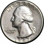 США 1947 г. • KM# 164 • квотер (25 центов) • (серебро) • Джордж Вашингтон • регулярный выпуск • VF+