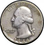 США 1946 г. S • KM# 164 • квотер (25 центов) • (серебро) • Джордж Вашингтон • регулярный выпуск • F-