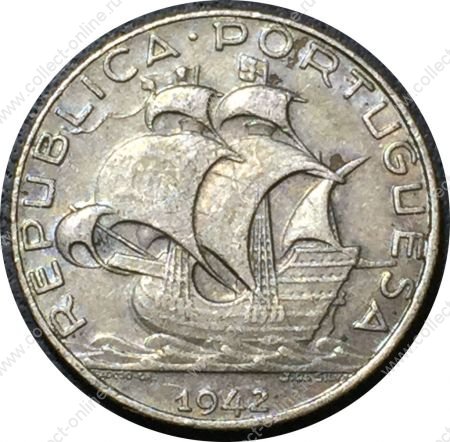 Португалия 1942 г. • KM# 580 • 2 ½ эскудо • каравелла Колумба • серебро • регулярный выпуск • XF