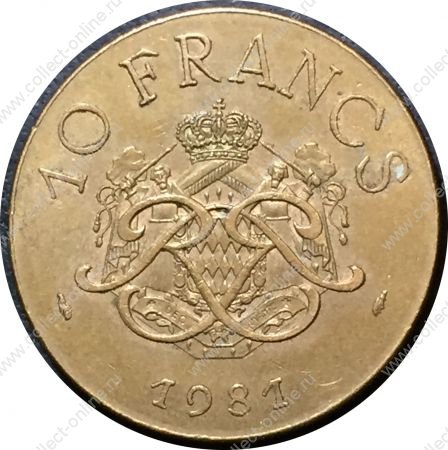 Монако 1981 г. • KM# 154 • 10 франков • Князь Ренье III • княжеская монограмма • регулярный выпуск • AU