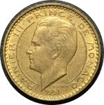 Монако 1951 г. • KM# 130 • 10 франков • Князь Ренье III • герб княжества • регулярный выпуск • AU