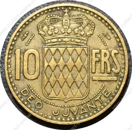 Монако 1950 г. • KM# 130 • 10 франков • Князь Ренье III • герб княжества • регулярный выпуск • XF+
