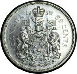 Канада 1959 г. • KM# 56 • 50 центов • Елизавета II • серебро • регулярный выпуск • XF-AU