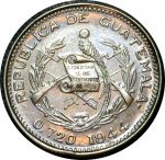 Гватемала 1944 г. • KM# 239.1 • 10 сентаво • государственный герб • серебро • регулярный выпуск • AU+