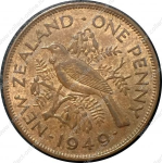 Новая Зеландия 1949 г. • KM# 21 • 1 пенни • Георг VI • птица туи • регулярный выпуск • BU- ( кат.- $13+ )