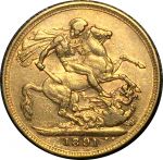 Австралия 1891 г. M • KM# 10 • соверен • королева Виктория(юбилейный портрет) • св. Георгий • золото 917 - 7.98 гр. • регулярный выпуск • XF+