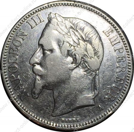 Франция 1869 г. BB (Страсбург) KM# 799.2 • 5 франков • император Наполеон III • серебро • регулярный выпуск • XF+