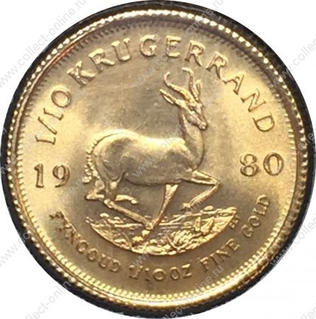 Южная Африка 1980 г. • KM# 105 • ⅒ крюгерранда • антилопа • золото 917 - 3.39 гр. • регулярный выпуск(первый год) • MS BU люкс!