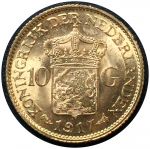 Нидерланды 1917 г. • KM# 149 • 10 гульденов • королева Вильгельмина • золото 900 - 6.73 гр. • MS BU GEM!!