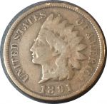 США 1891 г. • KM# 90a • 1 цент • "Индеец" • регулярный выпуск • F-VF