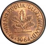 Германия • ФРГ 1964 г. D (Мюнхен) • KM# 106 • 2 пфеннига • дубовые листья • регулярный выпуск • MS BU ( кат. - $10 )