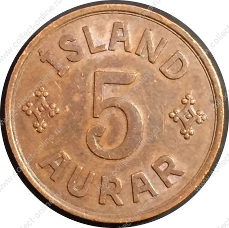 Исландия 1942 г. • KM# 7.2 • 5 эйре • королевская монограмма • регулярный выпуск • UNC