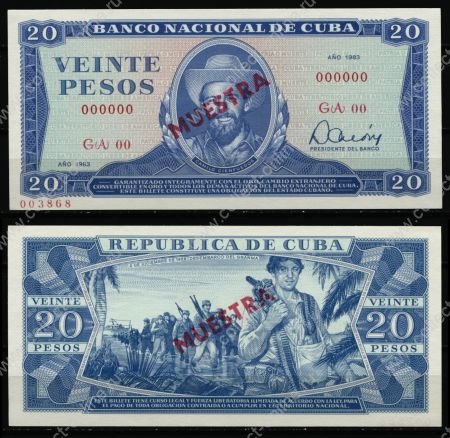 Куба 1983 г. • P# 105cs • 20 песо • Камило Сьенфуэгос • революционеры на марше • образец • UNC пресс