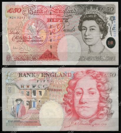 Великобритания 1993 г. ( 2006) • P# 388c • 50 фунтов • Елизавета II • Исаак Ньютон • регулярный выпуск • A. Bailey • UNC пресс ( кат. - $ 190 )