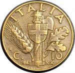 Италия 1942 г. • KM# 74a • 10 чентезимо • Виктор Эммануил III • регулярный выпуск • XF-AU
