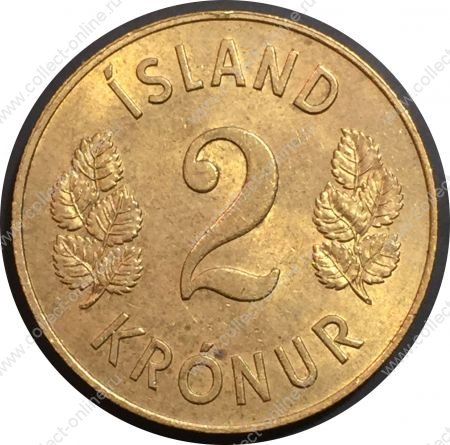Исландия 1963 г. • KM# 13a.1 • 2 кроны • герб Республики • регулярный выпуск • MS BU