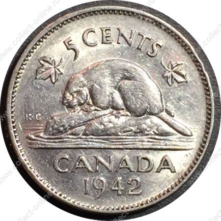 Канада 1942 г. • KM# 33 • 5 центов • Георг VI • бобер • регулярный выпуск • BU ( кат. - $20 )