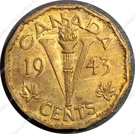 Канада 1943 г. • KM# 40 • 5 центов • сплав томпак • Георг VI • символ Победы • регулярный выпуск • BU ( кат.- $ 12,00 )