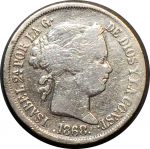 Филиппины 1868 г. • KM# 146 • 20 сентаво • Изабелла II • серебро • регулярный выпуск • F-VF